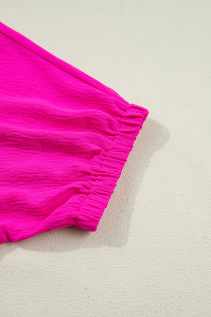 Rose Red Dolman Half Sleeve Leopard Patchwork Trim V Neck Blouse