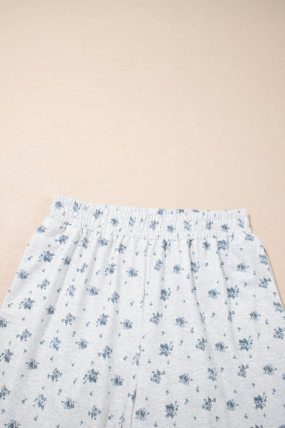 Gray Floral Print Elastic Waist Full Length Regular Pants