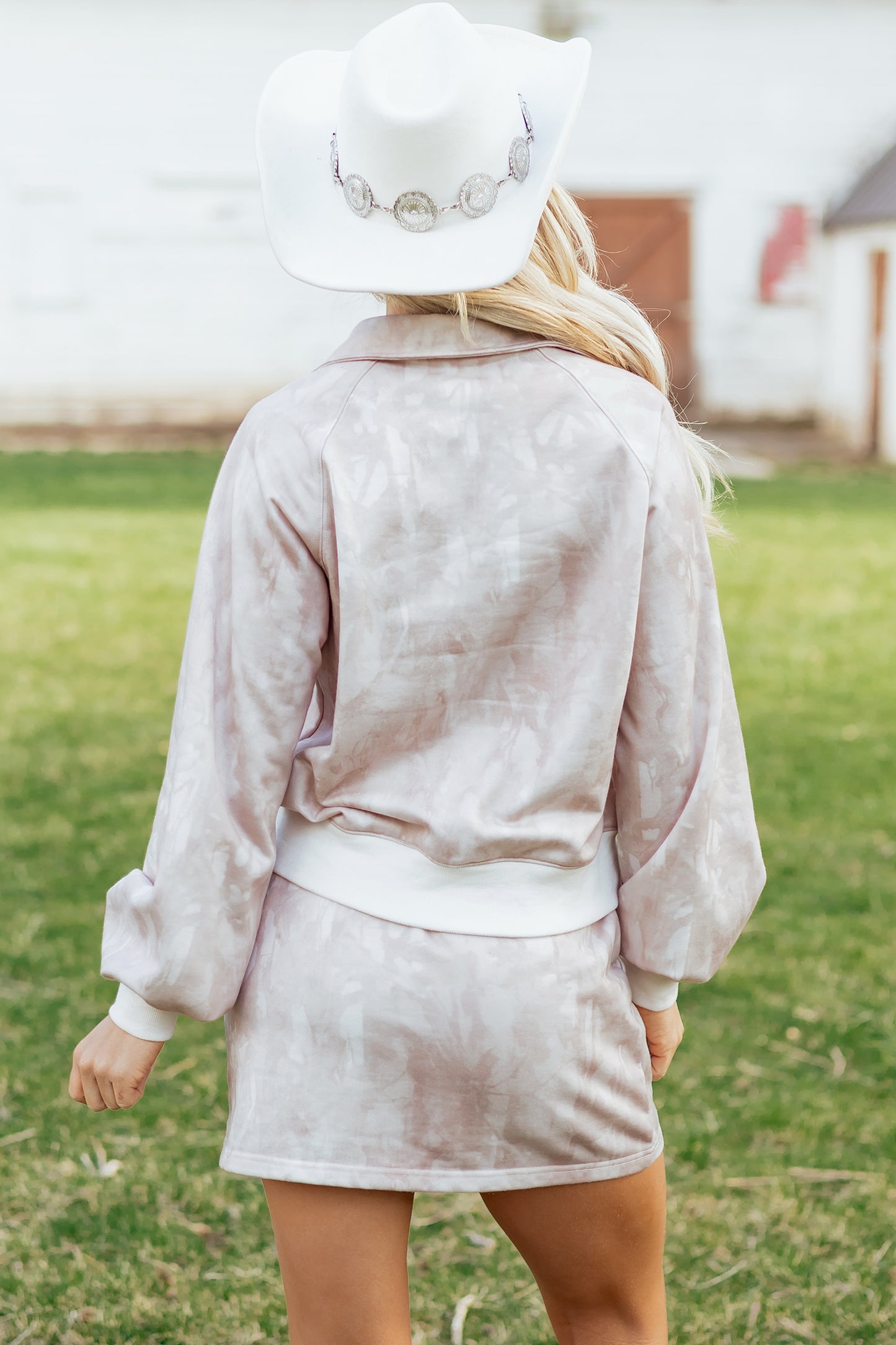 White Abstract Woodland Print Balloon Sleeve Pullover Drawstring Mini Skirt Set