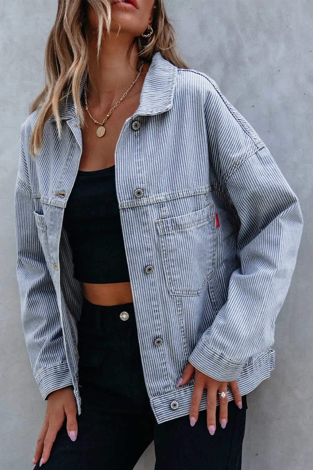 Sky Blue Stripe Washed Oversize Pocketed Denim Jacket - Chic Meadow Boutique 