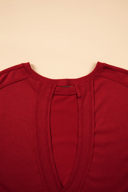 Racing Red Ribbed Detail Drop Shoulder Cutout Back Sweatshirt