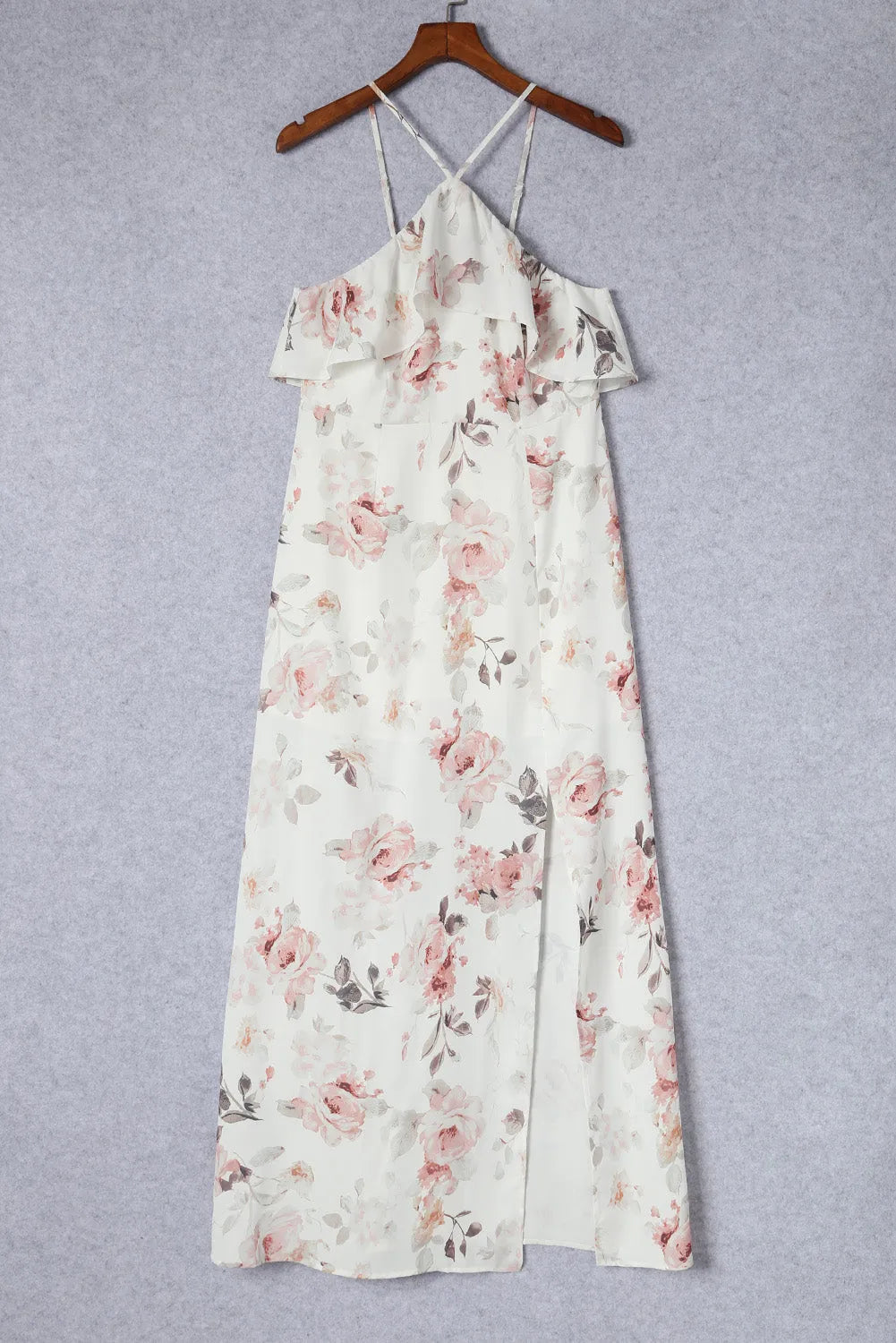 White Floral Slit Ruffled Halterneck Maxi Dress - Chic Meadow Boutique 