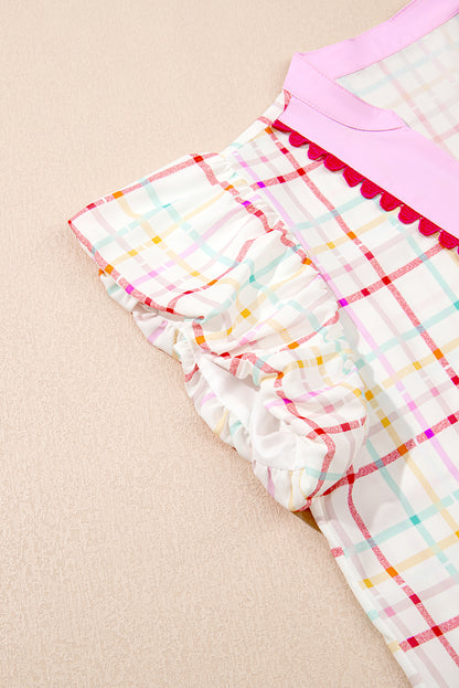 White Plaid Flutter Sleeve Colorblock Ric Rac Split V Neck Blouse