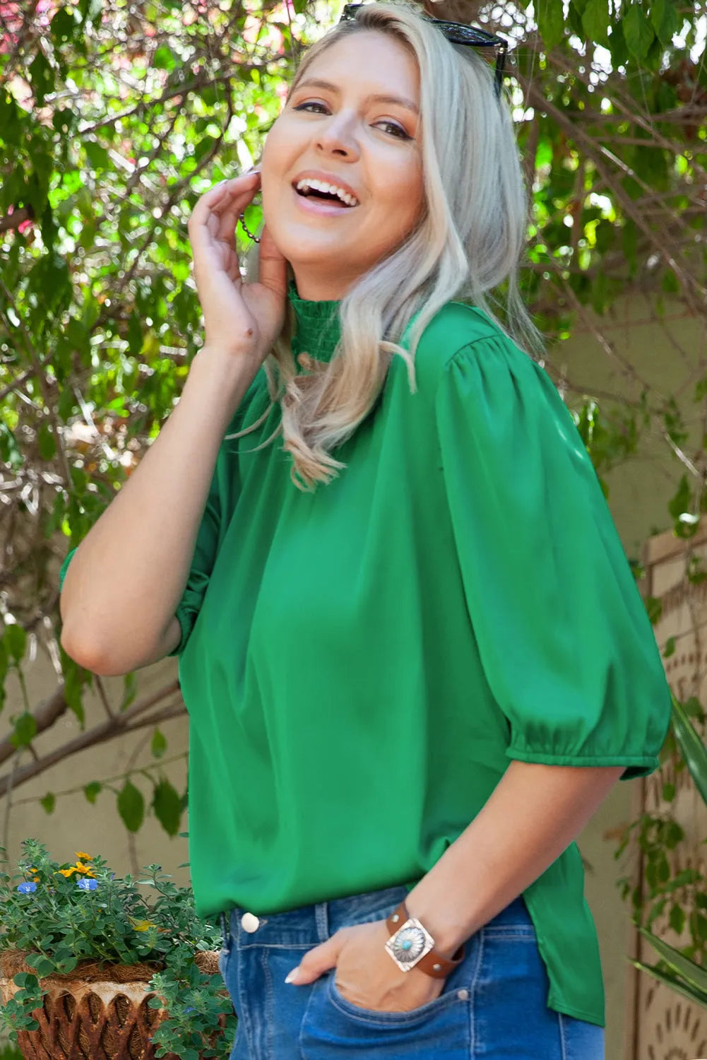 Sea Green Shirred High Neck Puff Sleeve Plus Size Blouse - Chic Meadow Boutique 