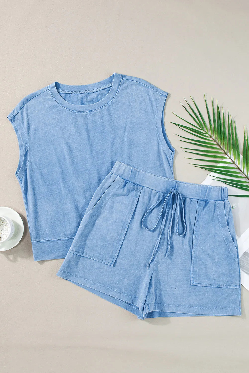 Dusk Blue Mineral Wash Tee and Drawstring Shorts Set - Chic Meadow Boutique 