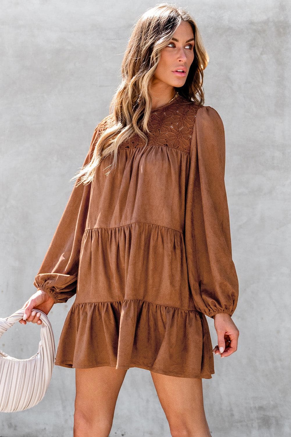 Dresses/Mini Dresses Chestnut Floral Lace Crochet Tiered Ruffled Mini Dress