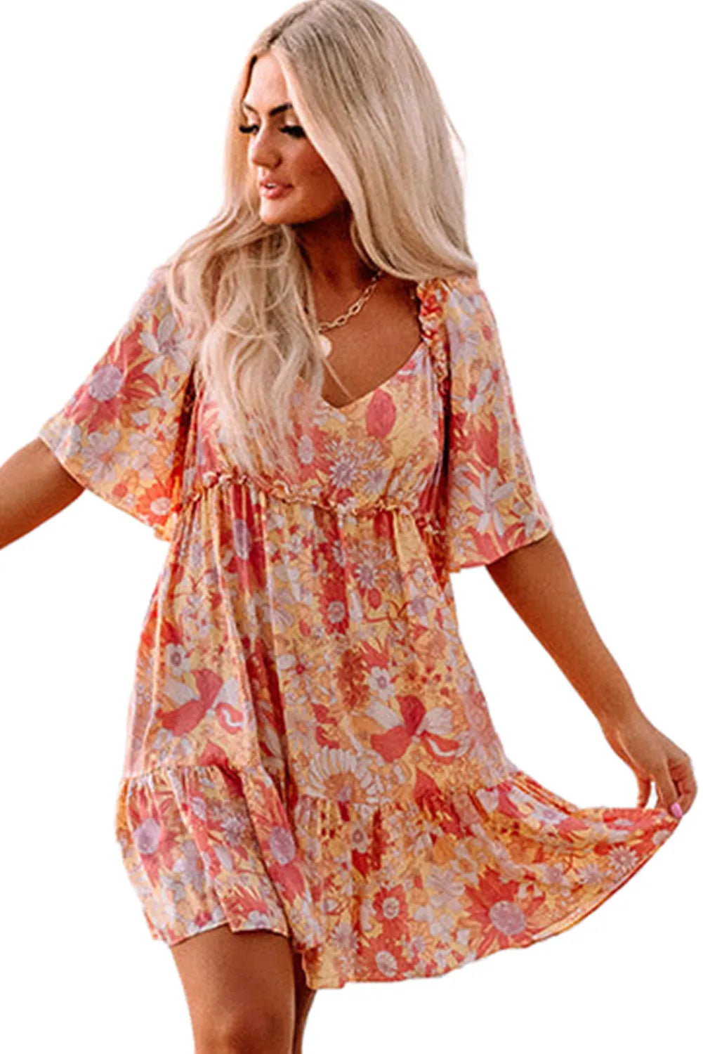 Orange Wide Flutter Sleeve Floral Dress - Chic Meadow Boutique 