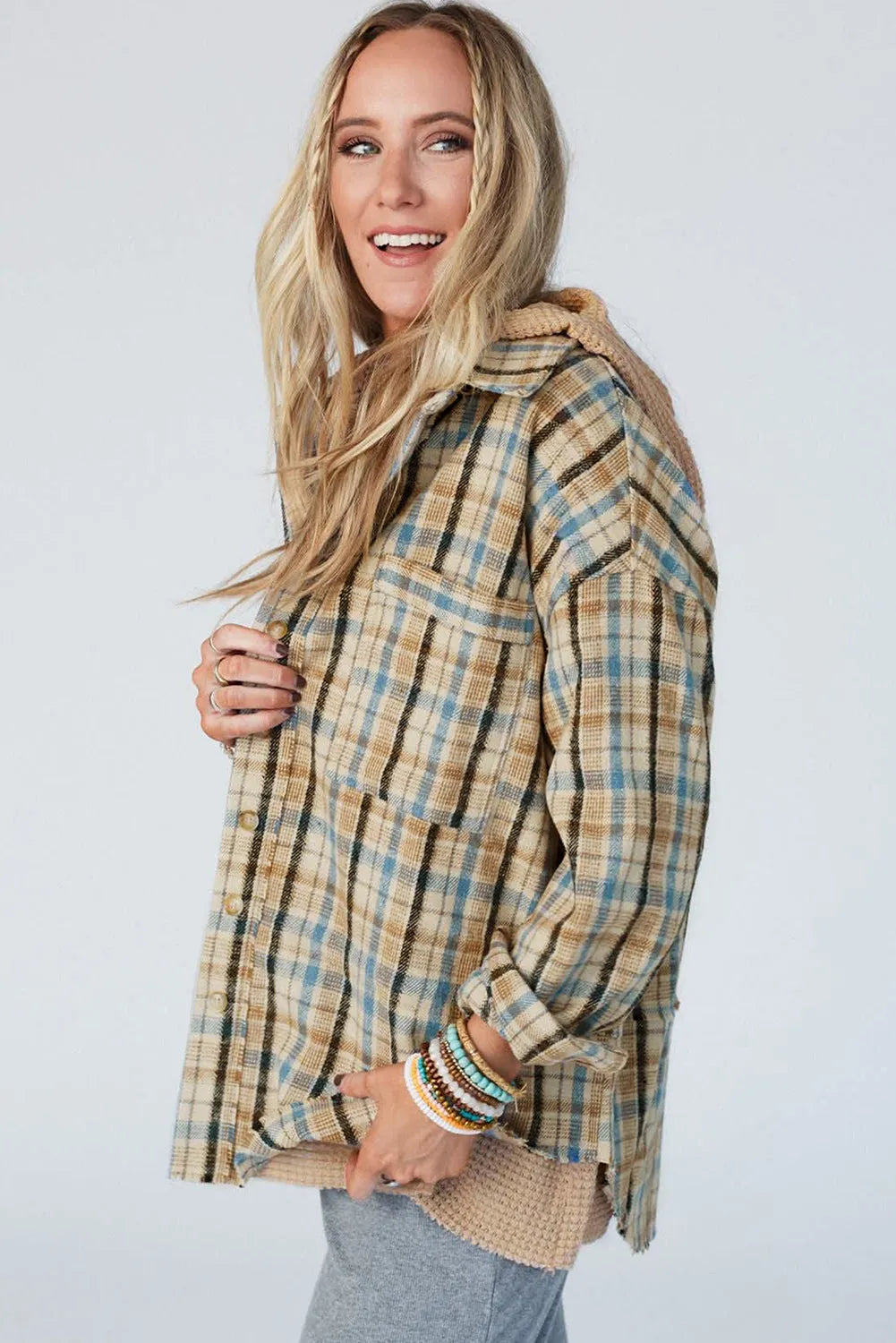 Ashleigh Blue Waffle Knit Patchwork Hooded Plaid Shacket - Chic Meadow Boutique 