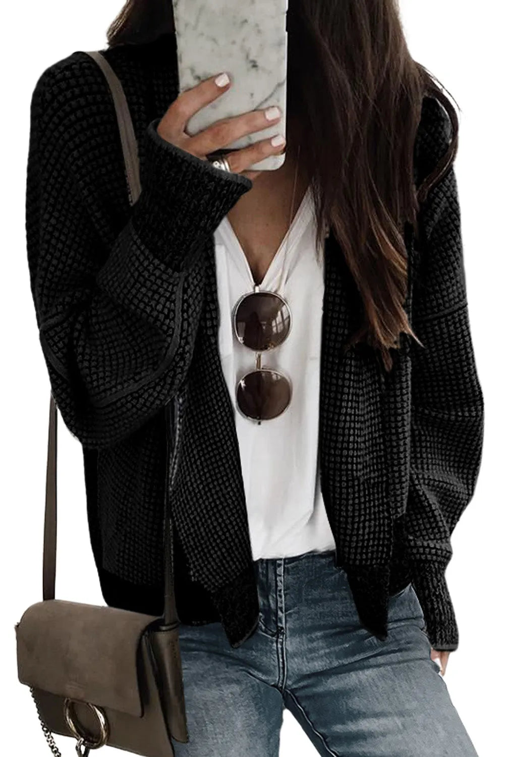 Black Plaid Contrast Trim Open Front Cardigan - Chic Meadow Boutique 