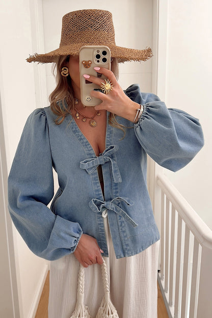 Dusk Blue Tied Front Long Puff Sleeve Denim Top