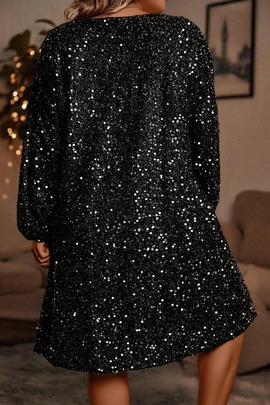 Color black Plus Size Bubble Sleeve V Neck Sequin Dress - Chic Meadow Boutique 