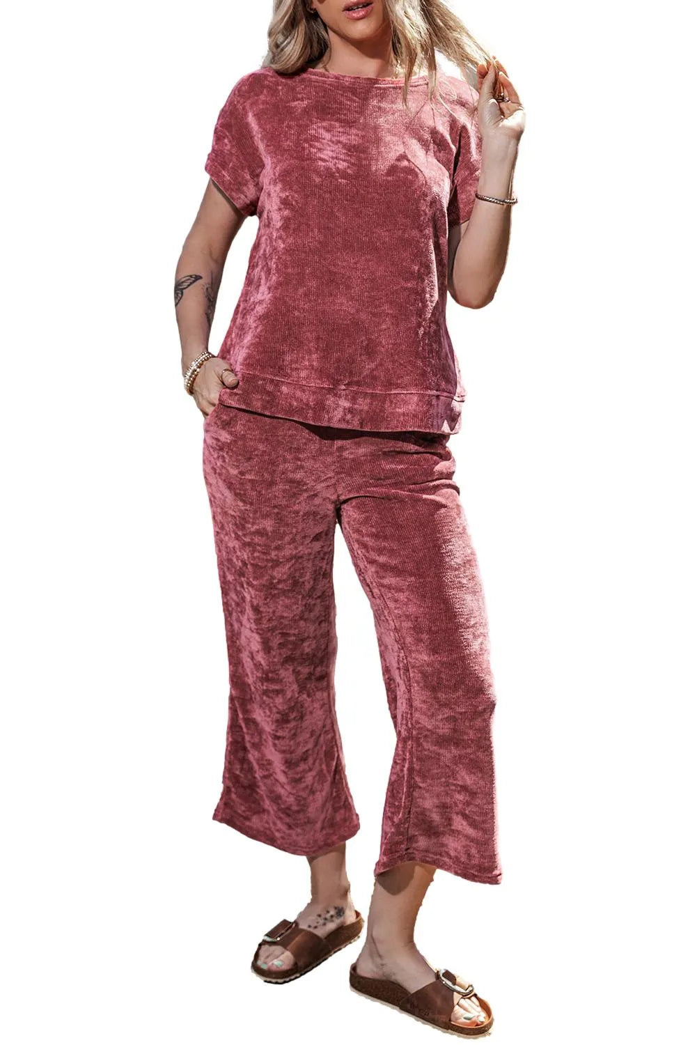 Rose Pink Mineral Wash Corduroy Short Sleeve and Crop Pants Set - Chic Meadow Boutique 