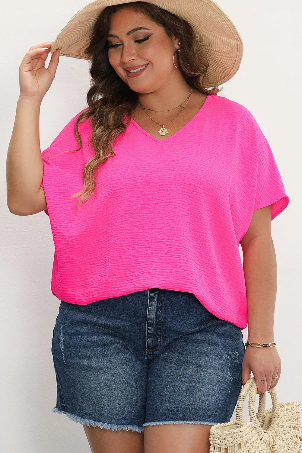 Rose Red Plus Size Crinkled V-Neck Short Sleeve Top - Chic Meadow Boutique 