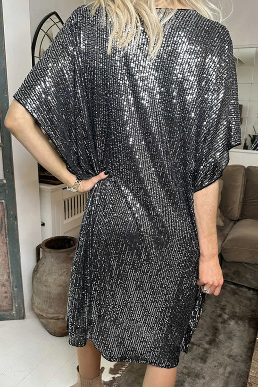 Dark Grey Sequin V Neck Dolman Sleeve Shift Dress - Chic Meadow Boutique 