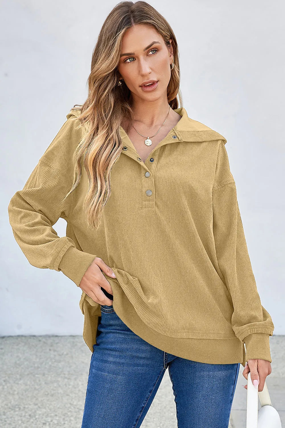 Simply Taupe Solid Ribbed Knit Buttoned Drop Shoulder Oversized Hoodie - Chic Meadow Boutique 