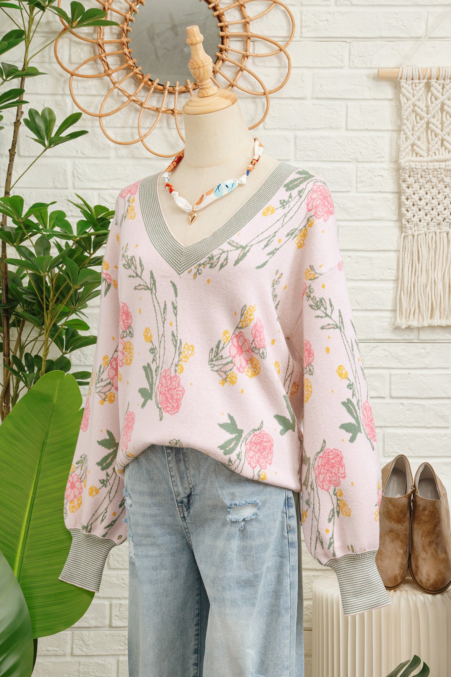 Pink Floral Pattern Striped V Neck Loose Sweater