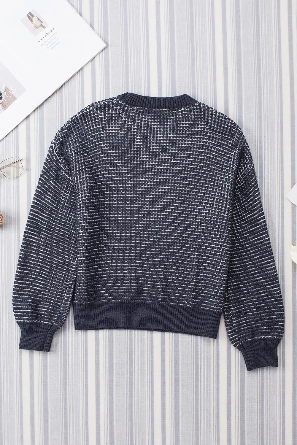 Black Heathered Knit Drop Shoulder Puff Sleeve Sweater - Chic Meadow Boutique 