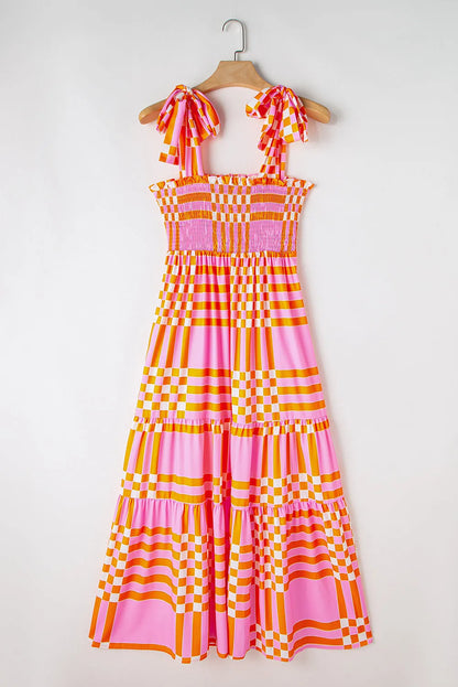 Pink Boho Gingham Tied Straps Smocked Maxi Dress - Chic Meadow Boutique 