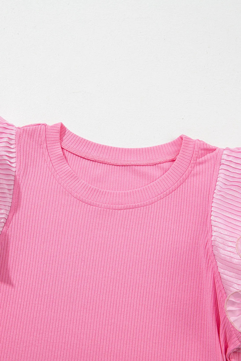 Strawberry Pink Ruffled Pleated Mesh Sleeve Ribbed Knit Slim Fit T Shirt - Chic Meadow Boutique 