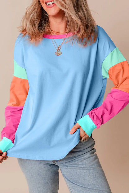 Dark Blue Colorblock Patchwork Long Sleeve Loose Top - Chic Meadow Boutique 