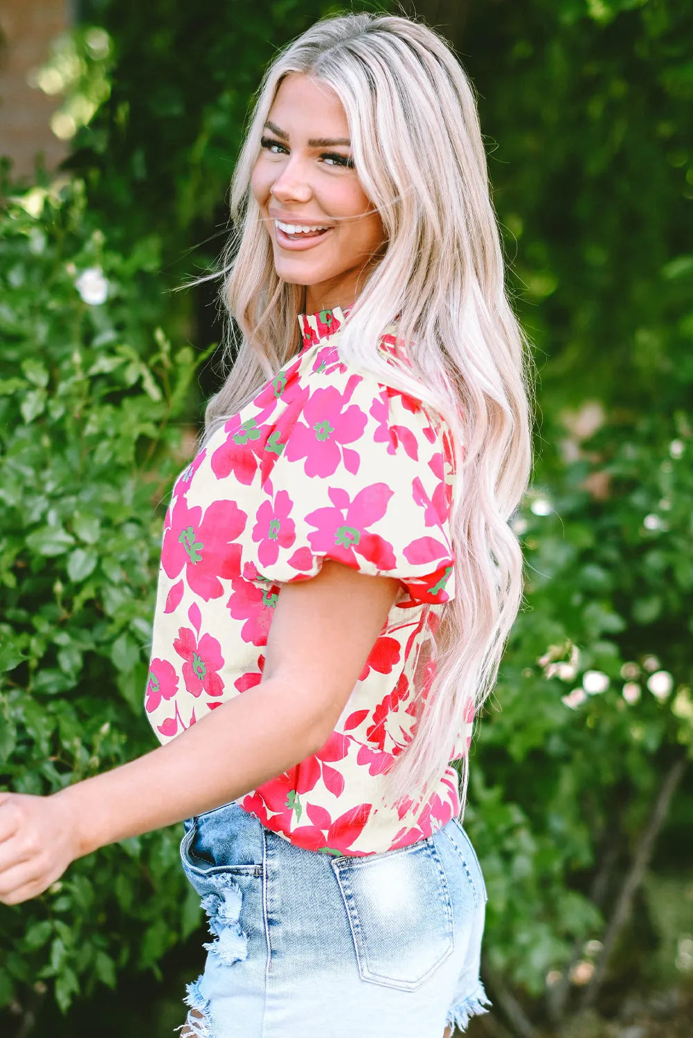 Beige Floral Puff Sleeve Frilled Neckline Blouse - Chic Meadow Boutique 