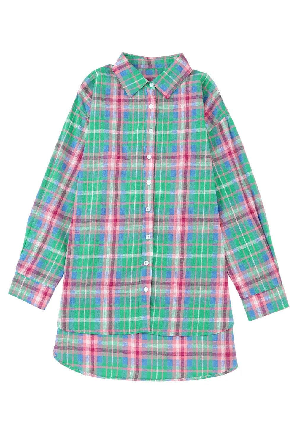 Tops/Blouses & Shirts Green Plaid Long Sleeve Button Down Split Shirt