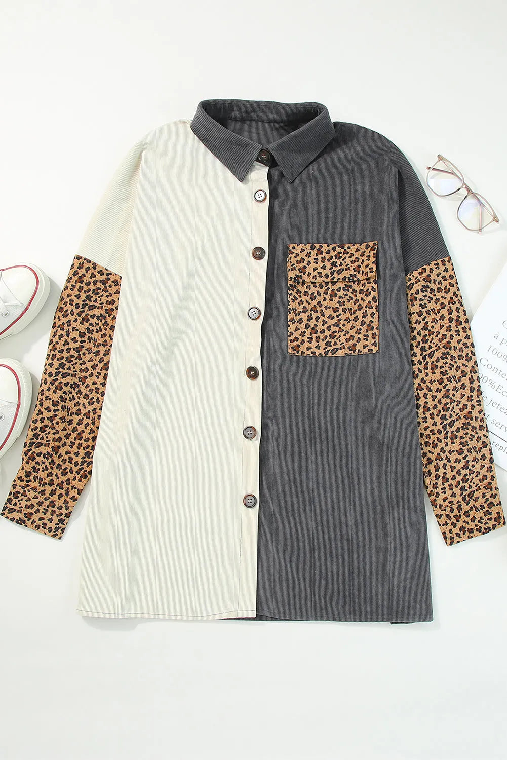 Gray Color Block Leopard Patched Corduroy Shacket - Chic Meadow Boutique 