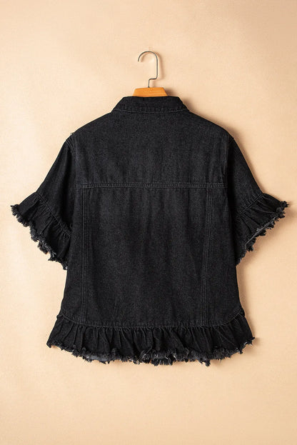 Black Raw Edge Ruffled Short Sleeve Denim Jacket - Chic Meadow Boutique 