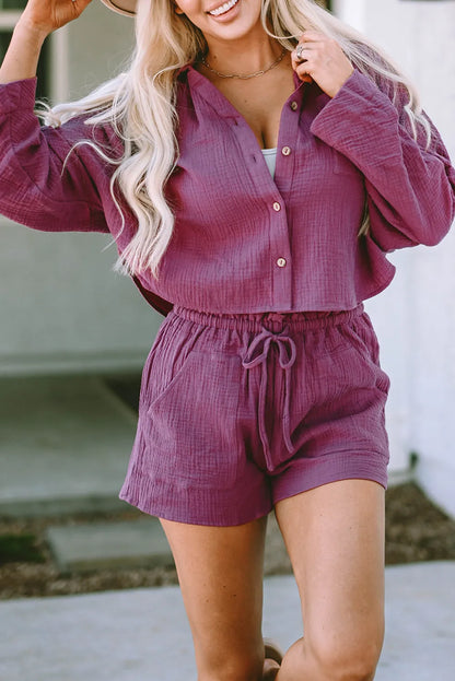 Textured Dolman Sleeve Cropped Shirt and Shorts Set - Chic Meadow Boutique 