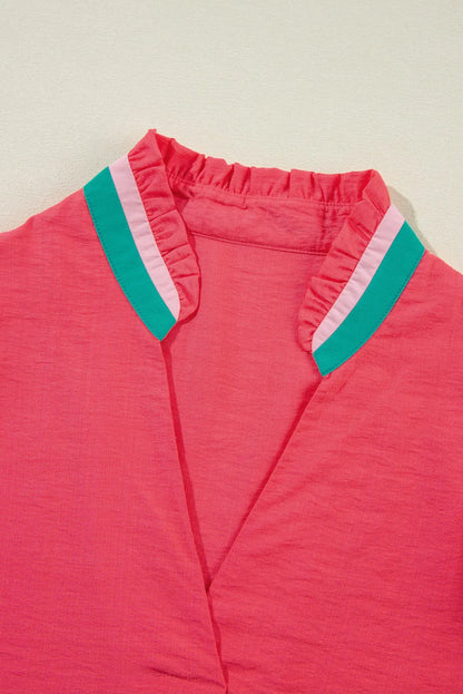 Carrot Colorful Trim V Neck Short Sleeve Blouse - Chic Meadow Boutique 