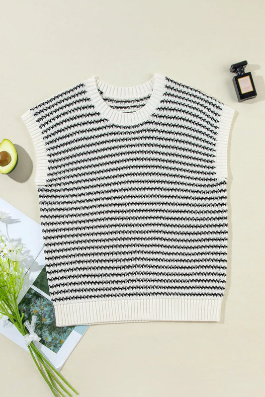 Black Stripe Ribbed Trim Loose Fit Knitted Sweater Vest - Chic Meadow Boutique 