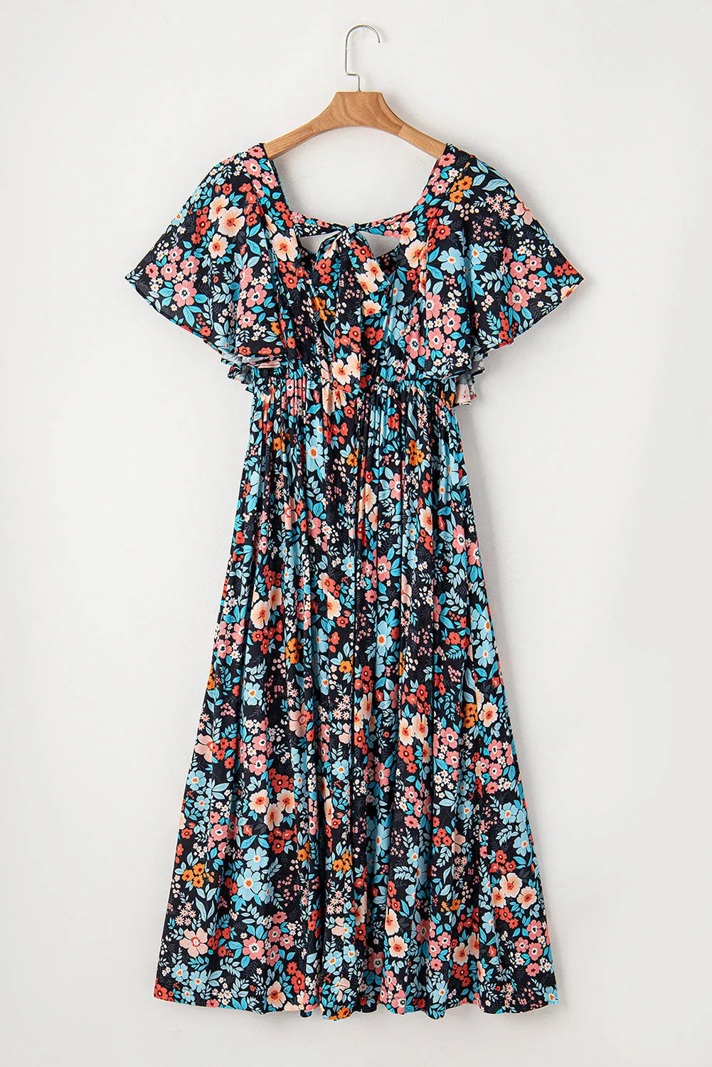 Sky Blue Floral Knotted Back Square Neck Maxi Dress - Chic Meadow Boutique 