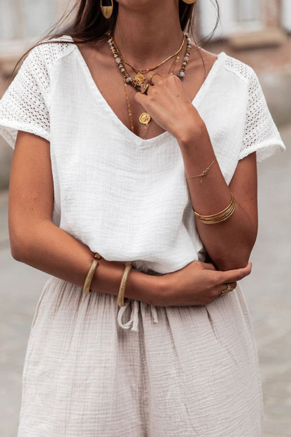 White Lace Crochet Textured Button Back V Neck T Shirt