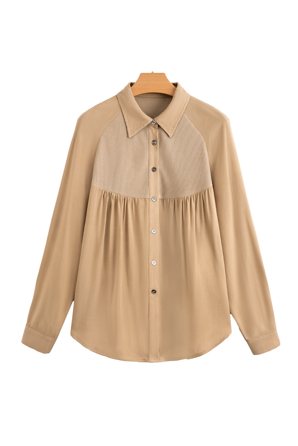 Light French Beige Waffle Patchwork Button Up Frayed Hem Shirt