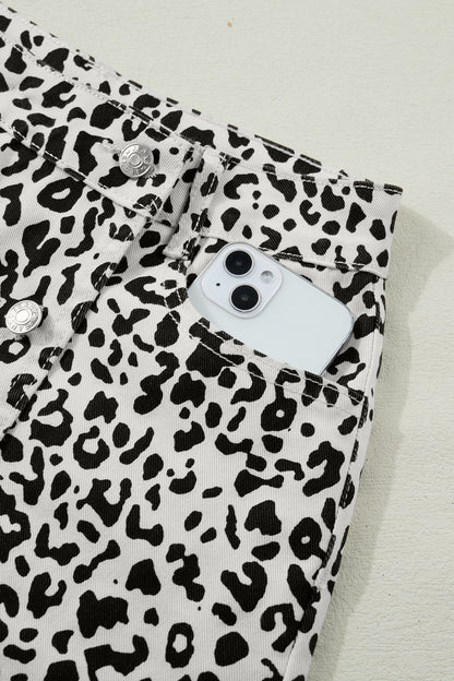 Brown Leopard Print Button Overlap Denim Shorts