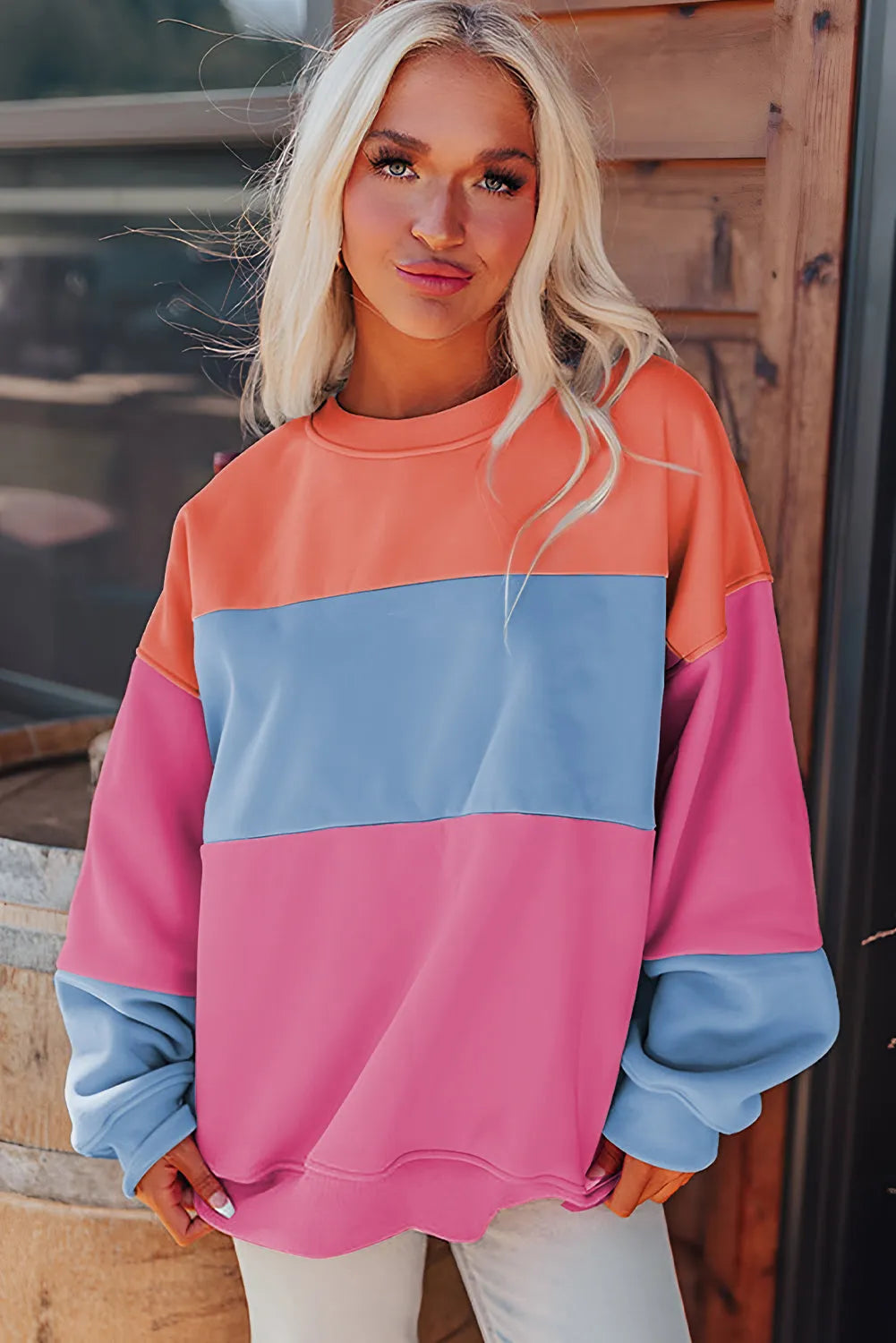 Bright Pink Colorblock Patchwork Drop Shoulder Sweatshirt - Chic Meadow Boutique 