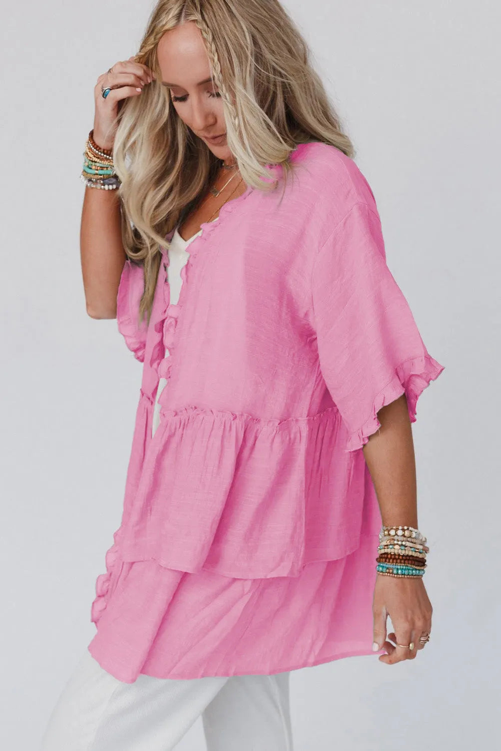 Pink Ruffled Trim Half Sleeve Open Front Kimono - Chic Meadow Boutique 