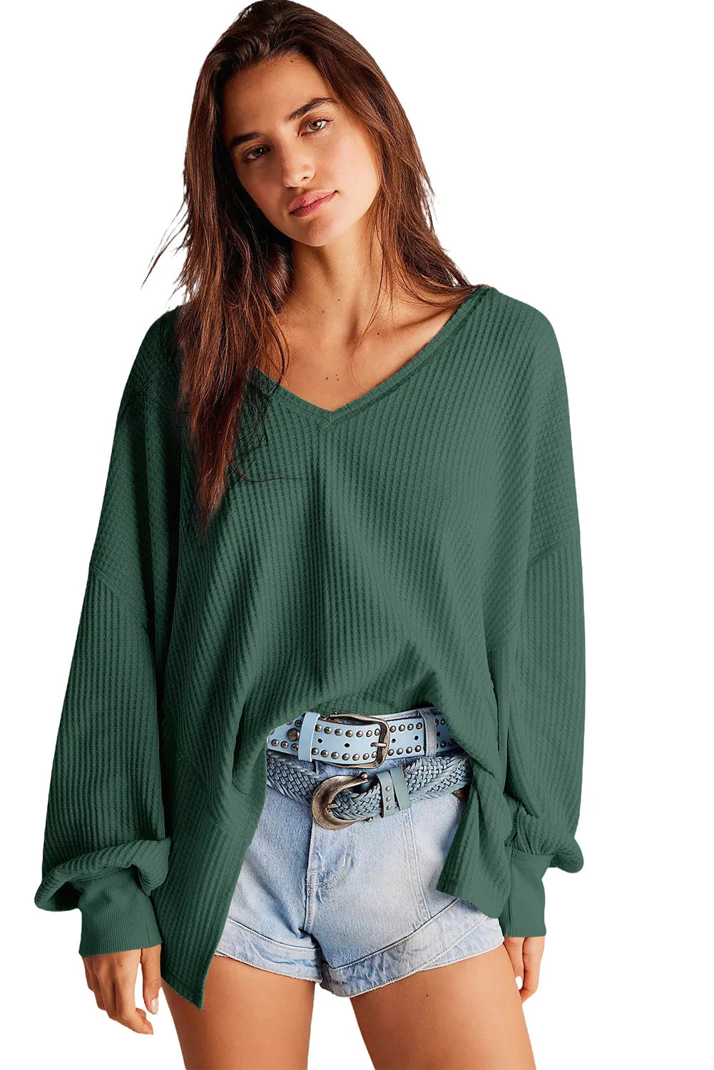 Blackish Green Waffle V Neck Long Sleeve Drop Shoulder Loose Blouse - Chic Meadow Boutique 