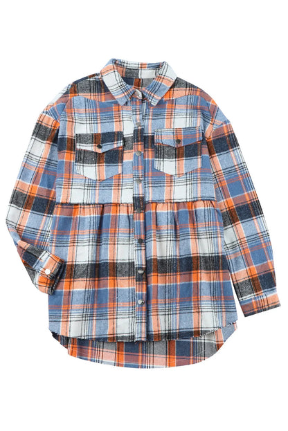 Outerwear/Plaid Shackets Multicolor Plaid Button Down Ruffled Shirt Jacket