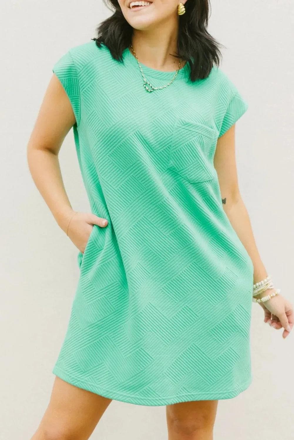 Dresses/T Shirt Dresses Mint Green / S / 95%Polyester+5%Elastane Mint Green Textured Cap Sleeve T Shirt Dress