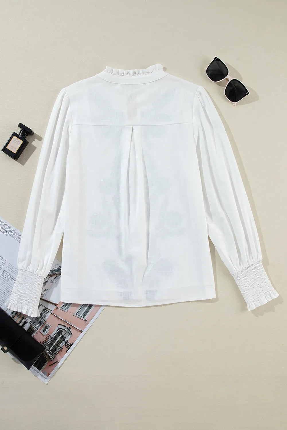 White Floral Embroidered Shirred Sleeve Elegant Shirt - Chic Meadow Boutique 