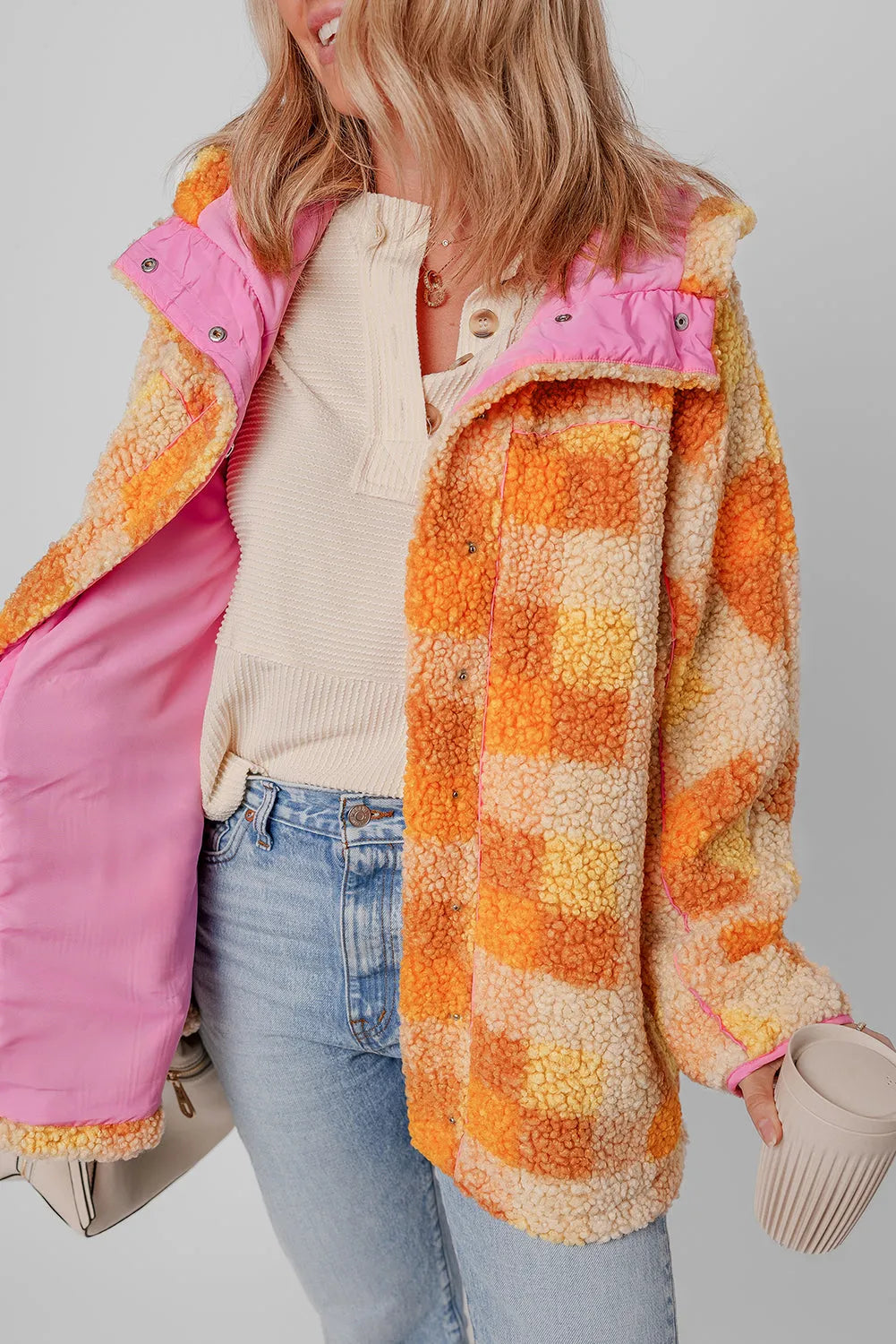 Orange Checkered Sherpa Hooded Jacket - Chic Meadow Boutique 