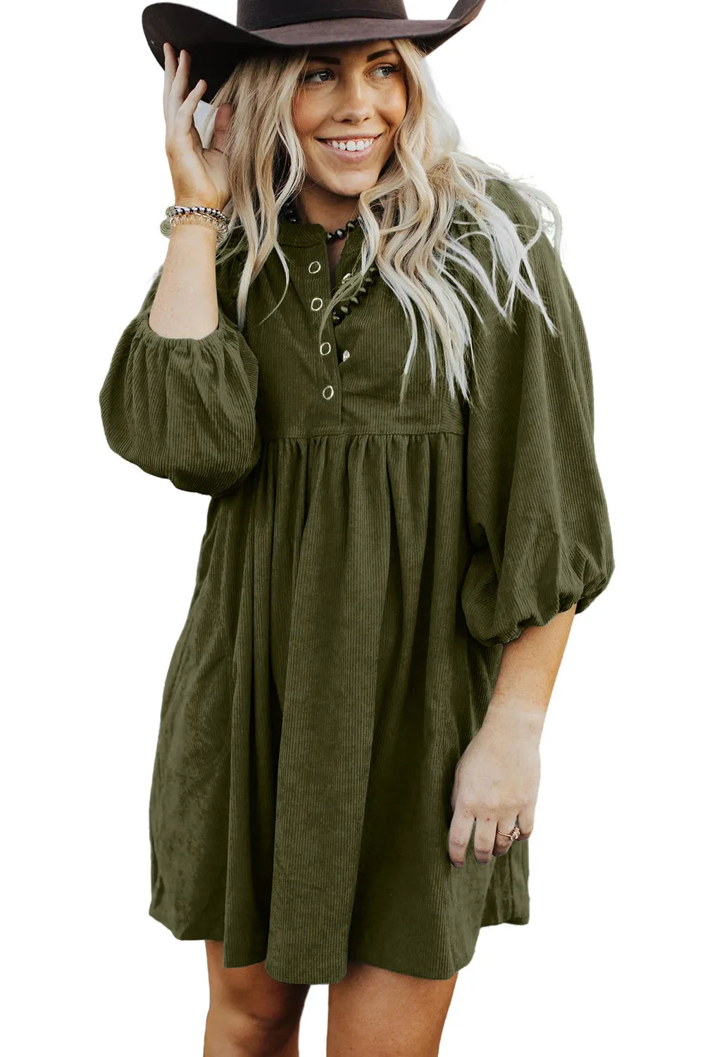 Vineyard Green Corduroy Snap Buttons Empire Waist Bracelet Sleeve Dress - Chic Meadow Boutique 