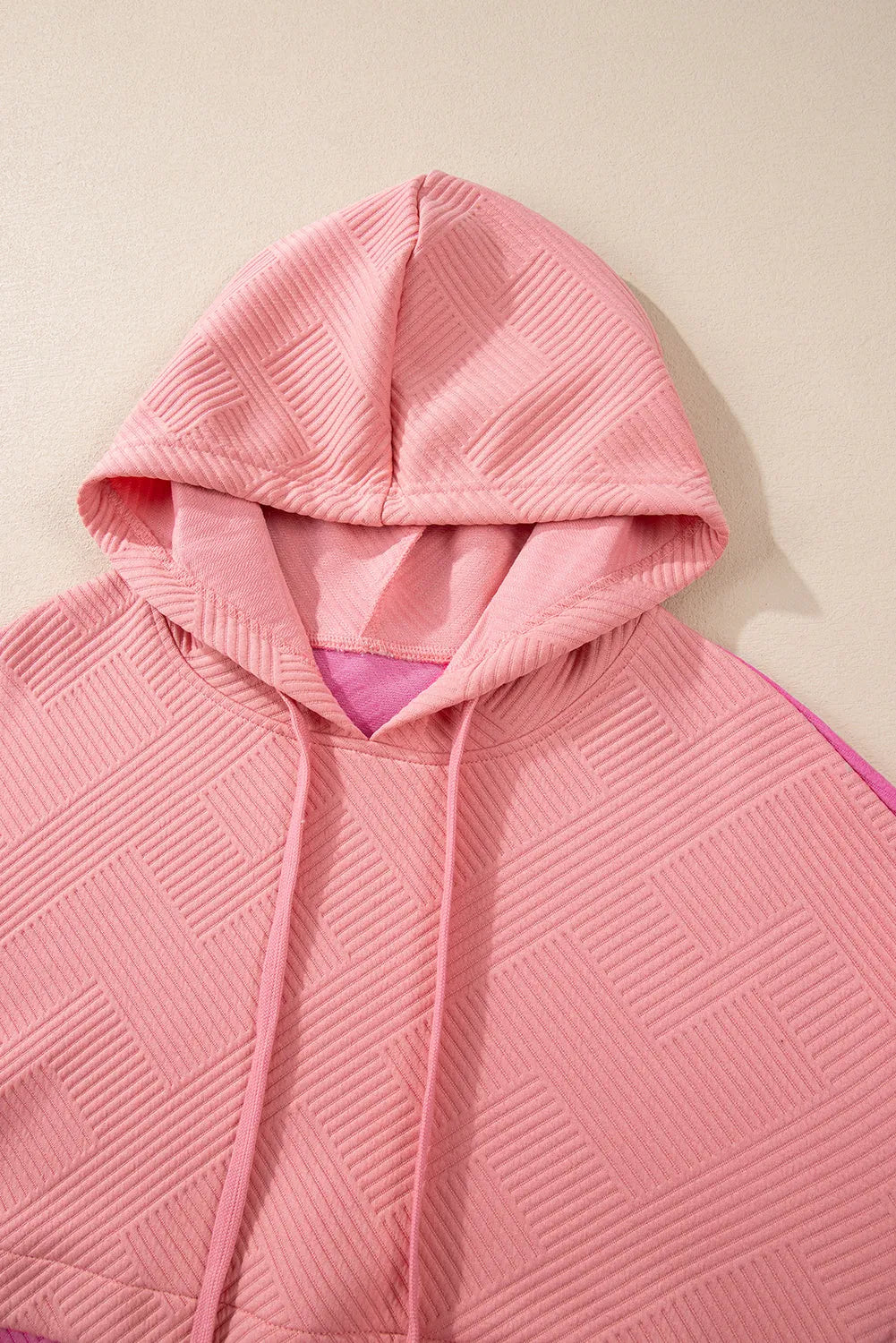 Pink Textured Color Block Kangaroo Pocket Drop Shoulder Hoodie - Chic Meadow Boutique 