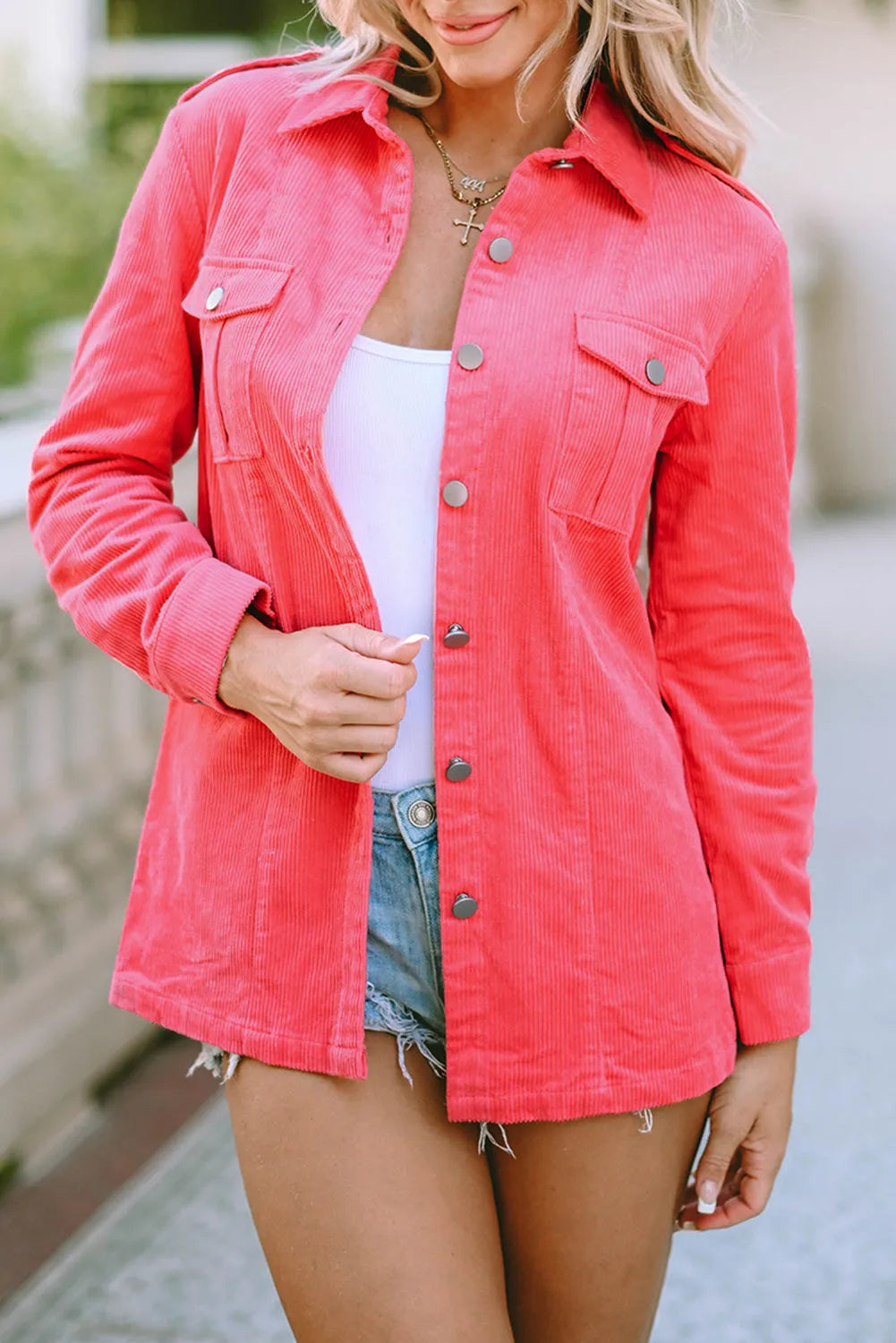 Pink Buttoned Flap Pocket Corduroy Jacket - Chic Meadow Boutique 