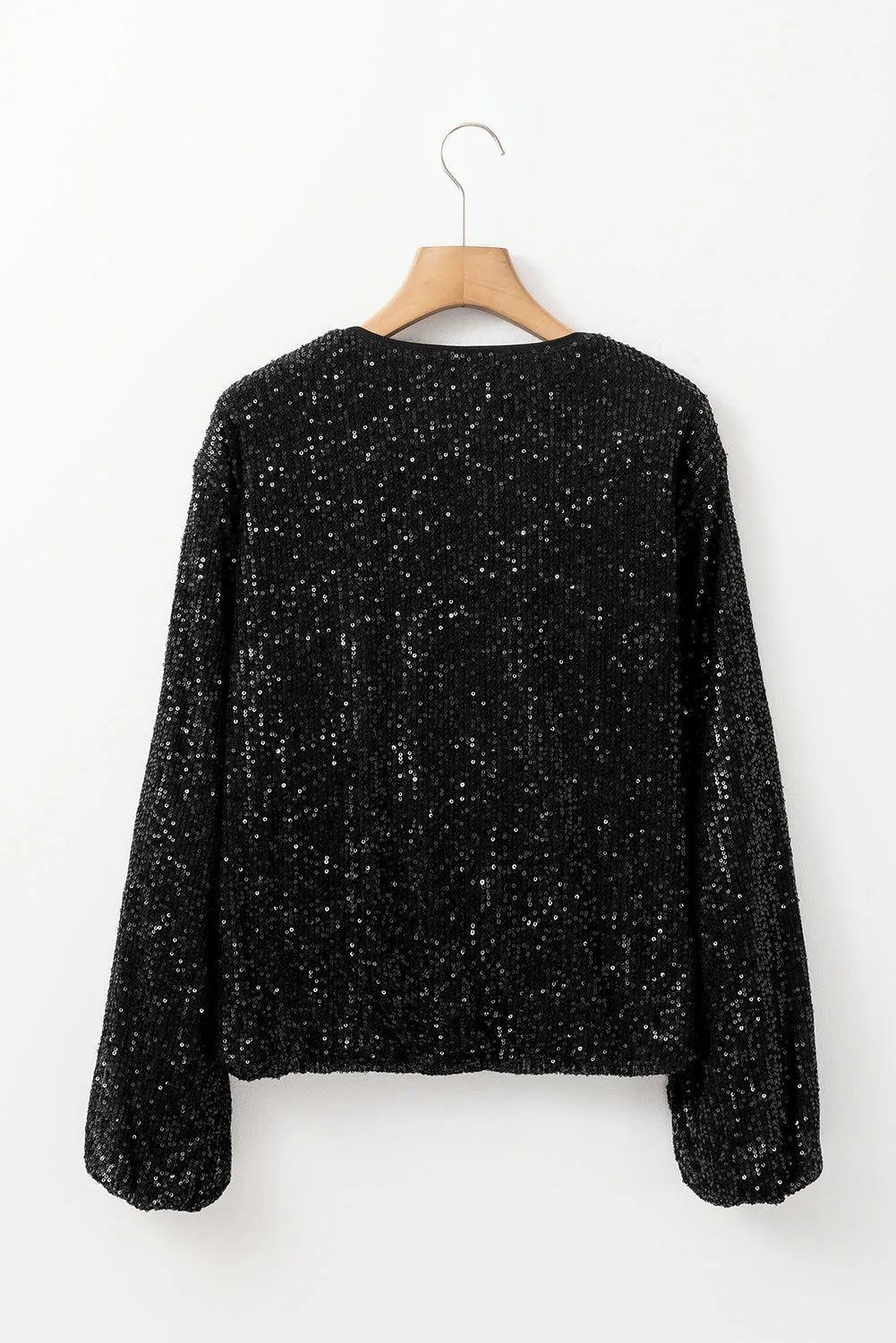 Black Sequin Zip up Round Neck Long Sleeve Jacket - Chic Meadow Boutique 