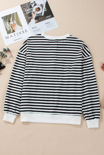 White Stripe Color Block Buttoned Crew Neck Oversized Sweatshirt - Chic Meadow Boutique 