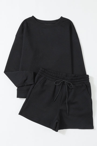 Black Textured Long Sleeve Top and Drawstring Shorts Set