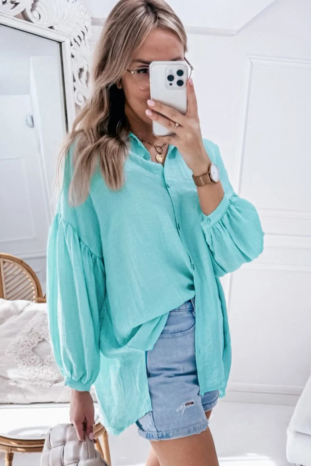 Iceland Blue Solid Puff Sleeve Loose Fit Buttoned Shirt - Chic Meadow Boutique 