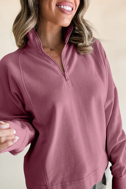 Fushia Zipped Neck Pullover Drop Shoulder Sweatshirt - Chic Meadow Boutique 